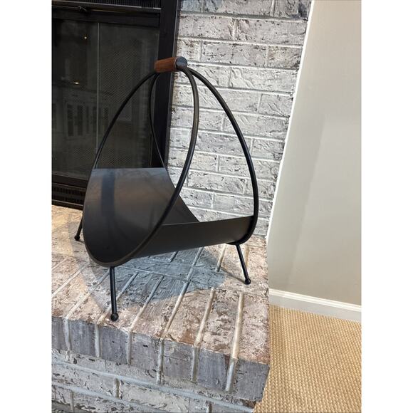 Mid-Century Modern Black Metal Hoop Firewood Rack w/ Wooden Handle – 21” Tall - Picture 8 of 8